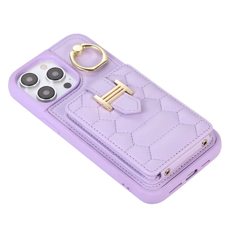 For iPhone 15 Pro PU Leather+TPU Cover Phone Shell Card Holder Cell Phone Cover with Ring Holder Kickstand - Light Purple