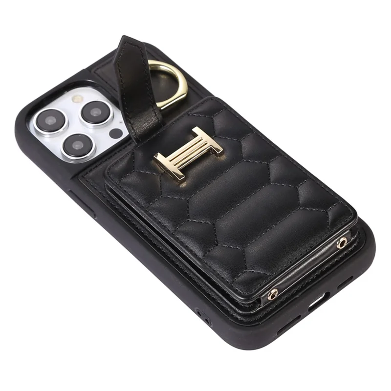 Cell Phone Shell for iPhone 15 Plus Ring Holder Kickstand PU Leather+TPU Cover Phone Case with Card Holder - Black