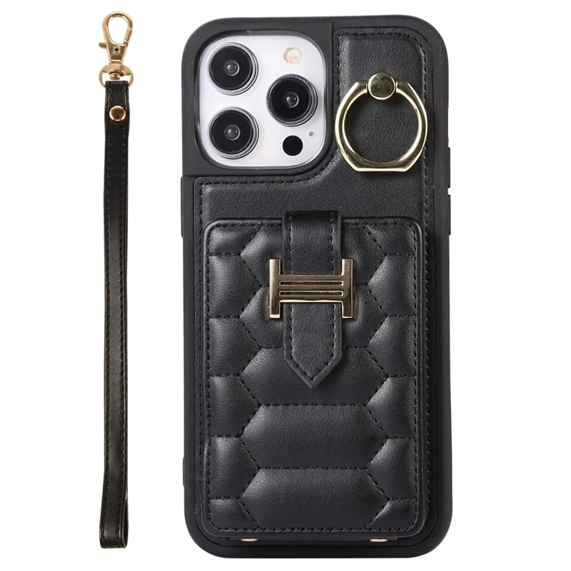 Cell Phone Shell for iPhone 15 Plus Ring Holder Kickstand PU Leather+TPU Cover Phone Case with Card Holder - Black