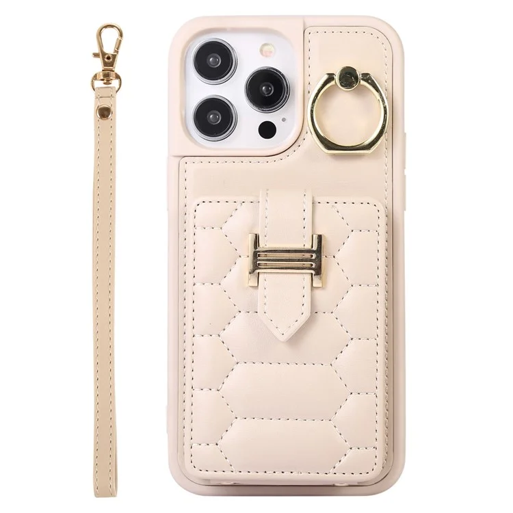Para iPhone 15 Kickstand Phone Cover Case Slim-Fit PU Leather+TPU Card Holder Cell Phone Shell - Bege