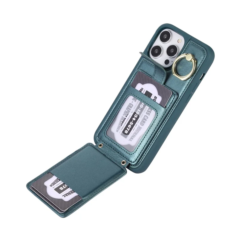 For iPhone 15 Pro Max Ring Holder Kickstand PU Leather+TPU Cover Phone Case Card Holder Cell Phone Shell - Blackish Green