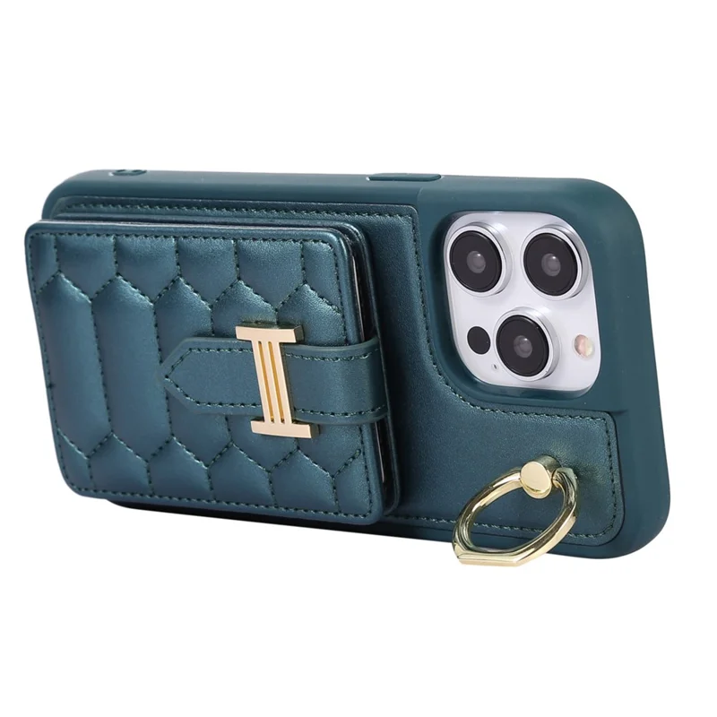 For iPhone 15 Pro Max Ring Holder Kickstand PU Leather+TPU Cover Phone Case Card Holder Cell Phone Shell - Blackish Green
