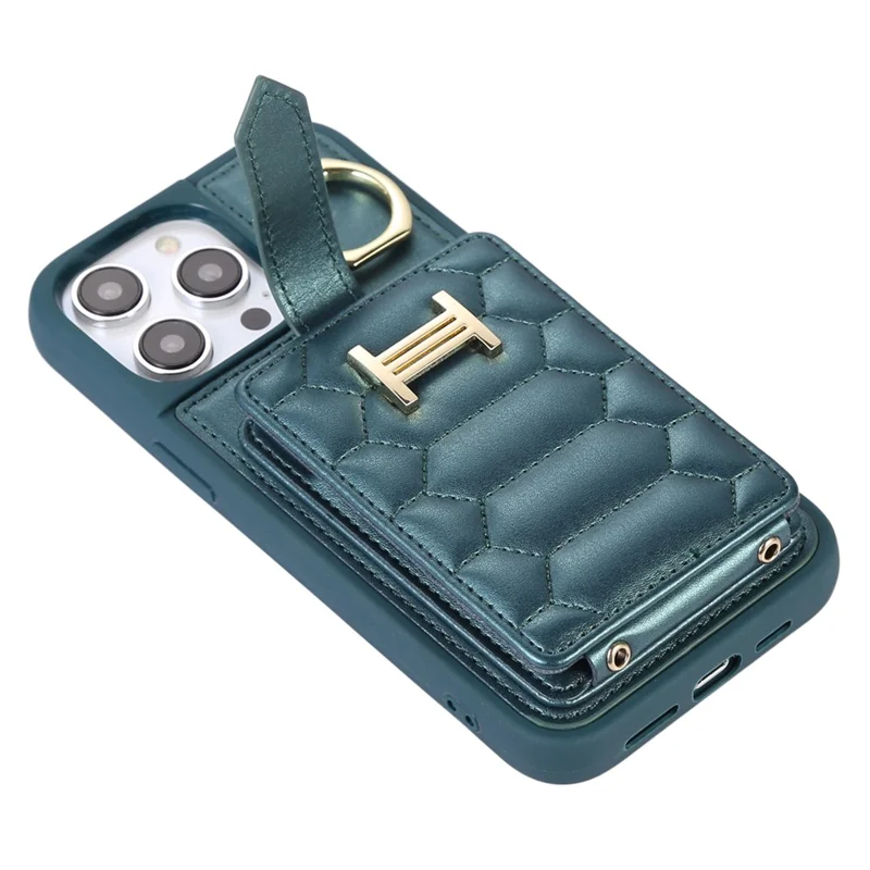 For iPhone 15 Pro Max Ring Holder Kickstand PU Leather+TPU Cover Phone Case Card Holder Cell Phone Shell - Blackish Green