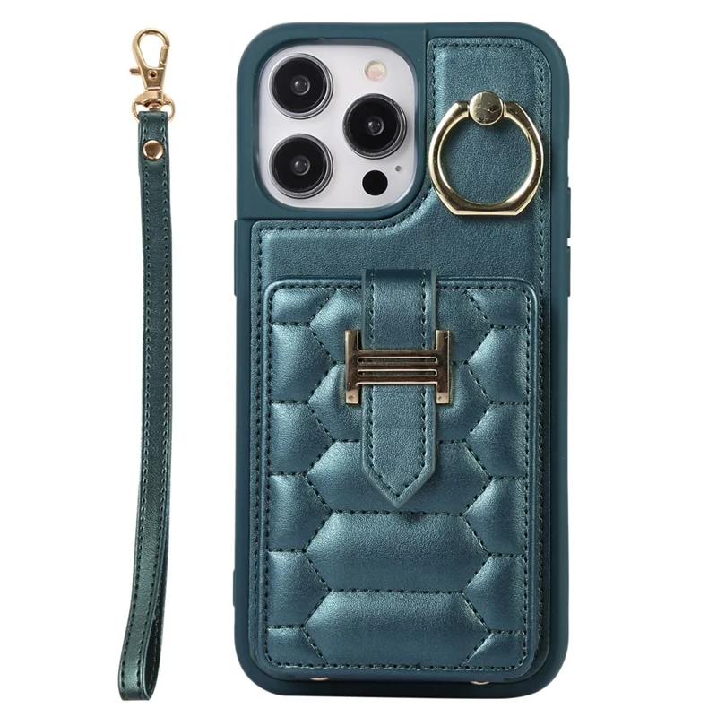 For iPhone 15 Pro Max Ring Holder Kickstand PU Leather+TPU Cover Phone Case Card Holder Cell Phone Shell - Blackish Green