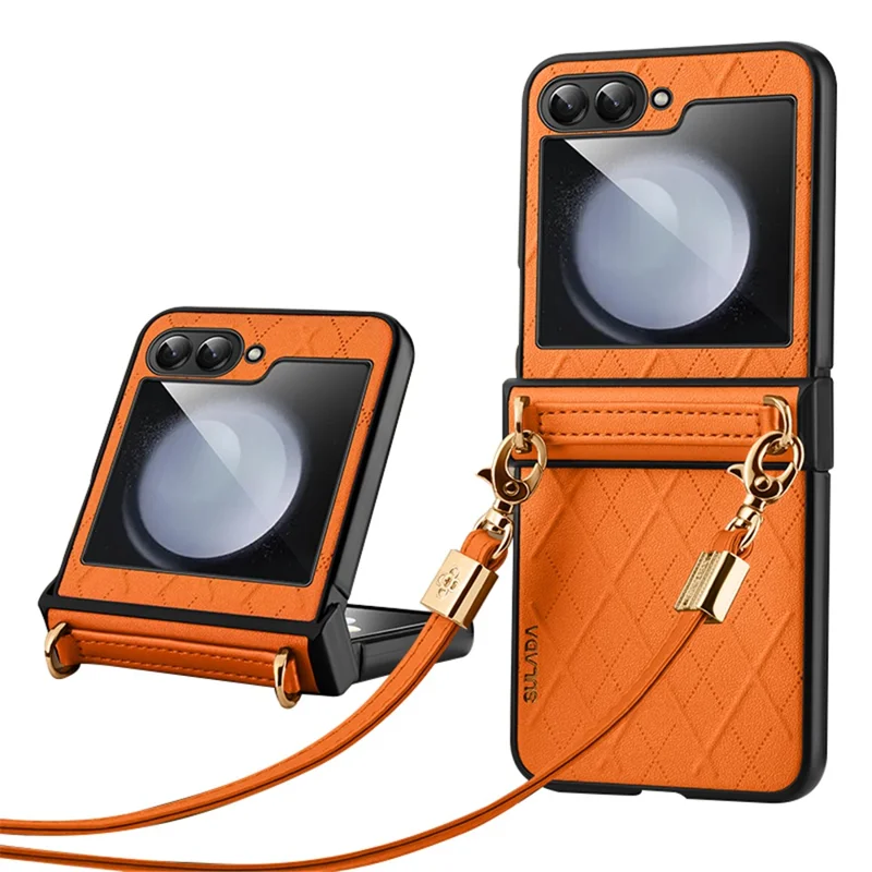 SULADA For Samsung Galaxy Z Flip5 5G PU Leather Coated PC Case Imprinted Phone Cover with Shoulder Strap - Orange