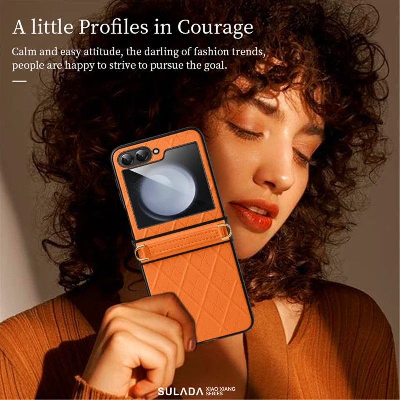 SULADA For Samsung Galaxy Z Flip5 5G PU Leather Coated PC Case Imprinted Phone Cover with Shoulder Strap - Orange