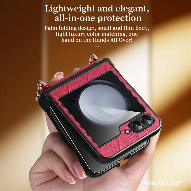 SULADA For Samsung Galaxy Z Flip5 5G PU Leather Coated PC Case Imprinted Phone Cover with Shoulder Strap - Orange