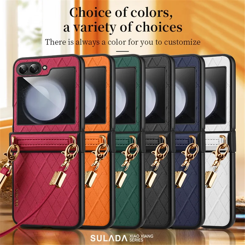 SULADA For Samsung Galaxy Z Flip5 5G PU Leather Coated PC Case Imprinted Phone Cover with Shoulder Strap - Orange