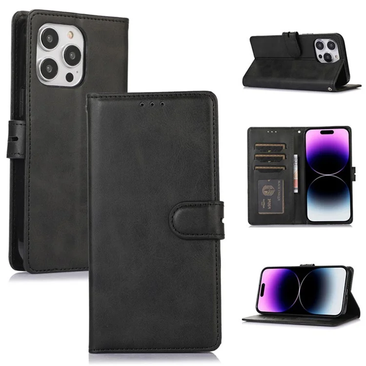For iPhone 15 Stand Calf Texture Phone Case PU Leather Full Protection Phone Cover Wallet - Black
