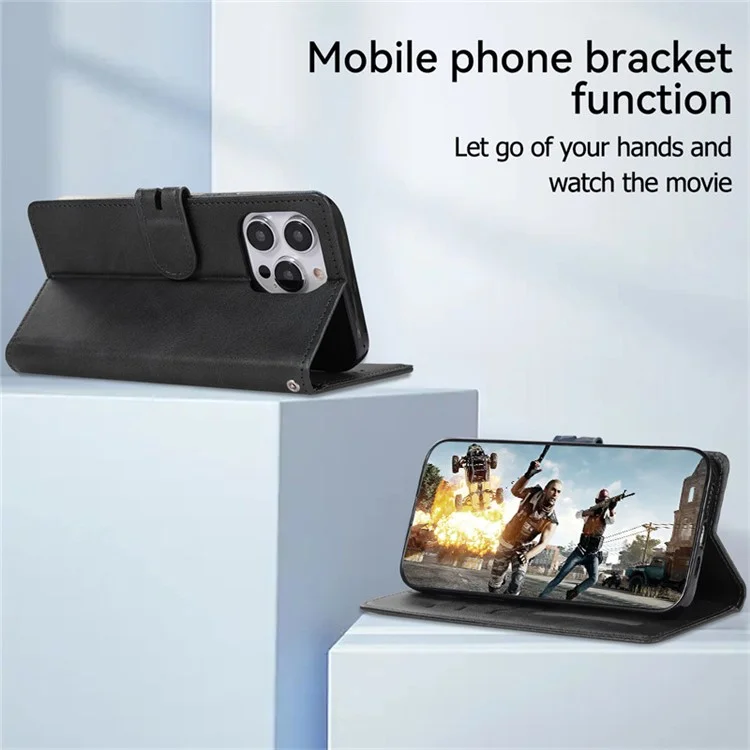 For iPhone 15 Stand Calf Texture Phone Case PU Leather Full Protection Phone Cover Wallet - Black