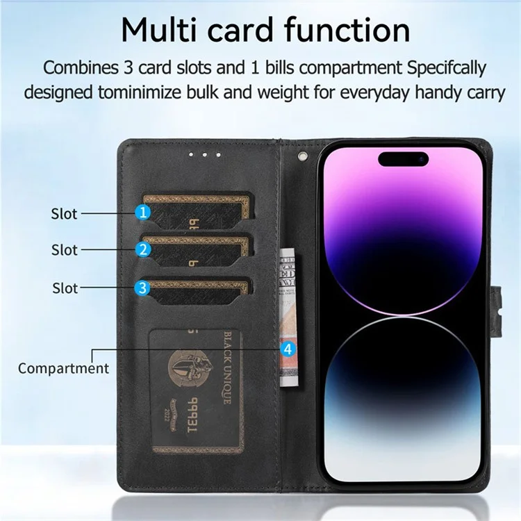 For iPhone 15 Stand Calf Texture Phone Case PU Leather Full Protection Phone Cover Wallet - Black