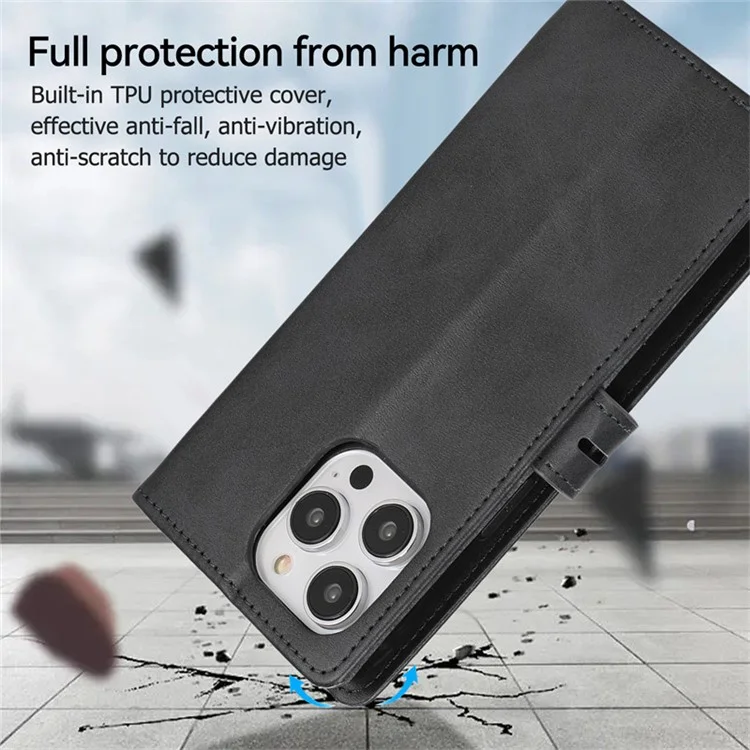 For iPhone 15 Stand Calf Texture Phone Case PU Leather Full Protection Phone Cover Wallet - Black
