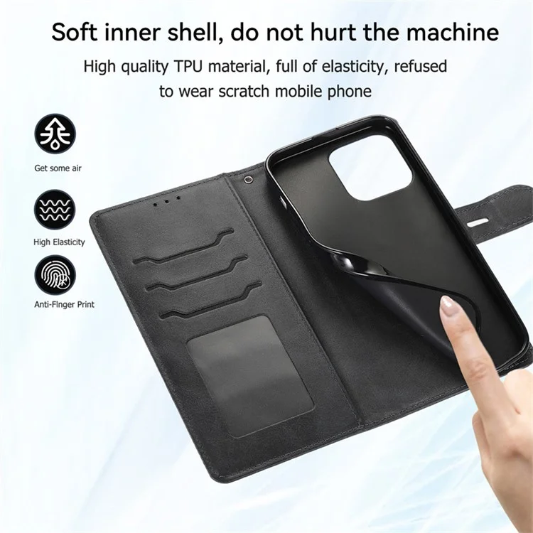 For iPhone 15 Stand Calf Texture Phone Case PU Leather Full Protection Phone Cover Wallet - Black