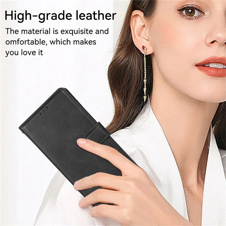 For iPhone 15 Stand Calf Texture Phone Case PU Leather Full Protection Phone Cover Wallet - Black