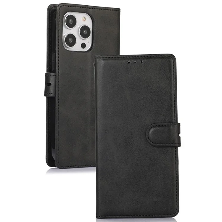 For iPhone 15 Stand Calf Texture Phone Case PU Leather Full Protection Phone Cover Wallet - Black