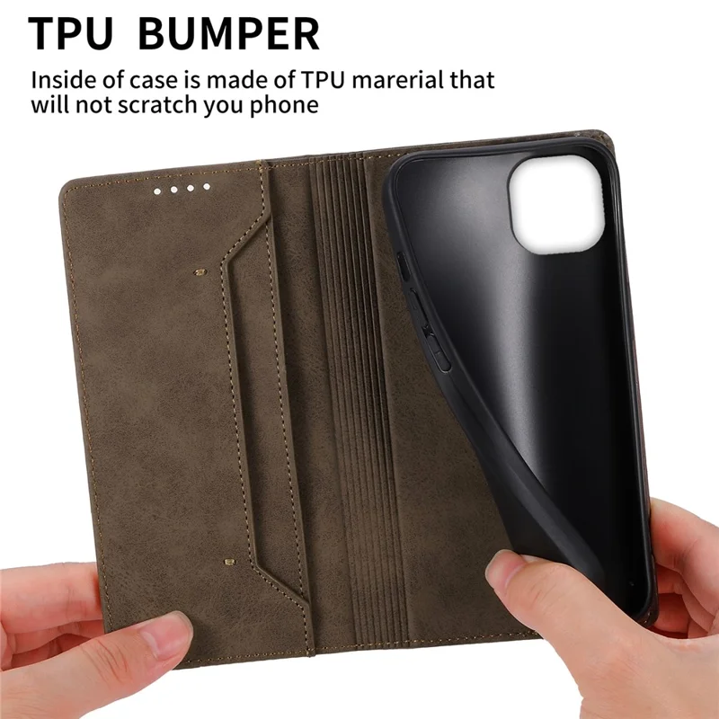 DF-05 standdæksel til iPhone 15 Plus, PU-læder smartphone case med RFID-blokeringsfunktion, tegnebog - Brun