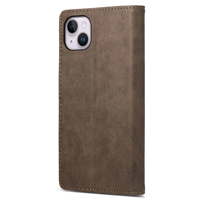 DF-05 standdæksel til iPhone 15 Plus, PU-læder smartphone case med RFID-blokeringsfunktion, tegnebog - Brun