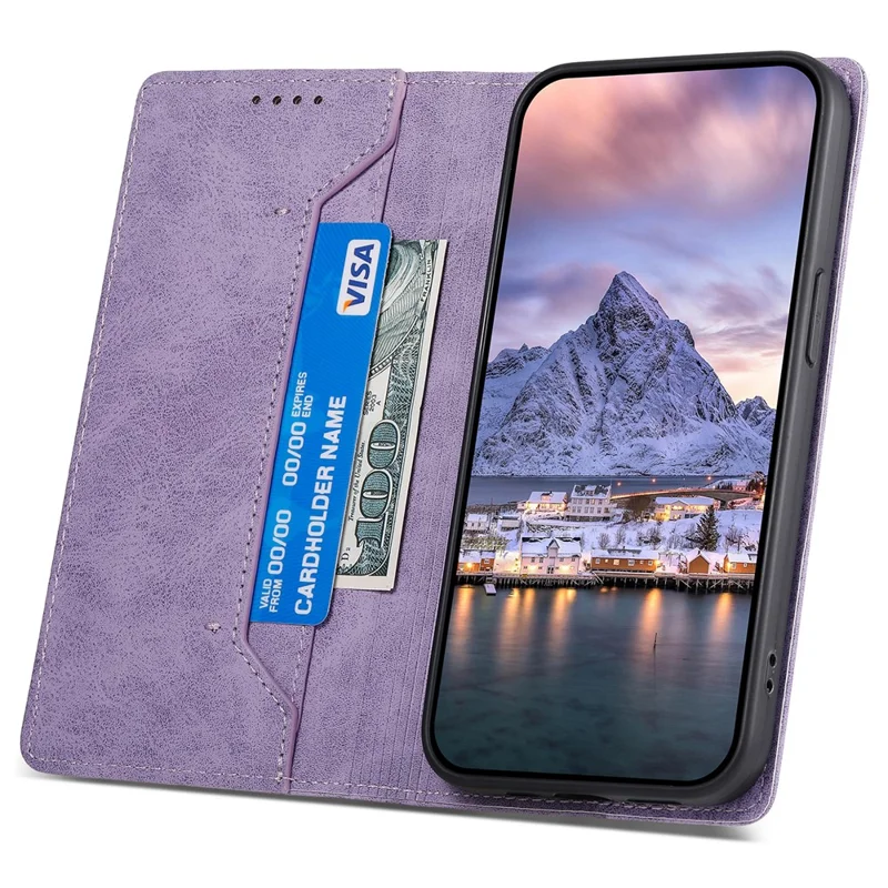 DF-05 For iPhone 15 PU Leather Smartphone Case RFID Blocking Phone Stand Cover Wallet - Purple