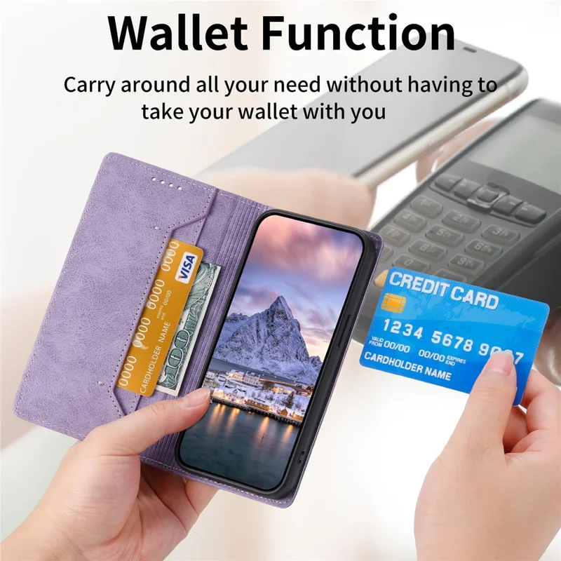 DF-05 For iPhone 15 PU Leather Smartphone Case RFID Blocking Phone Stand Cover Wallet - Purple