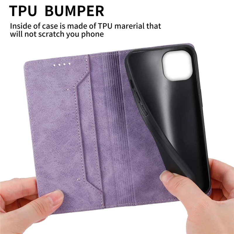 DF-05 For iPhone 15 PU Leather Smartphone Case RFID Blocking Phone Stand Cover Wallet - Purple