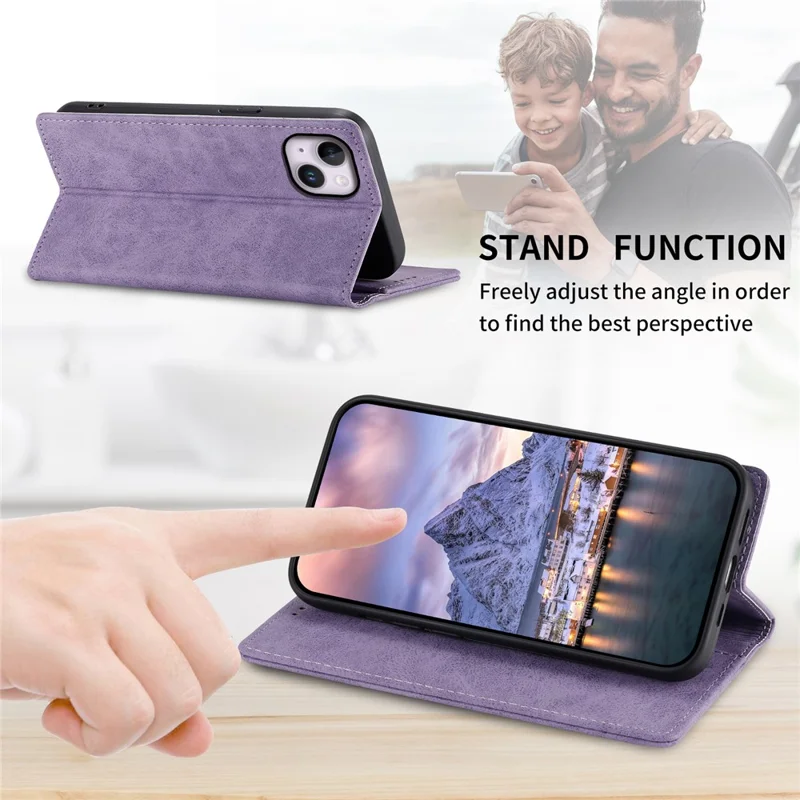 DF-05 For iPhone 15 PU Leather Smartphone Case RFID Blocking Phone Stand Cover Wallet - Purple