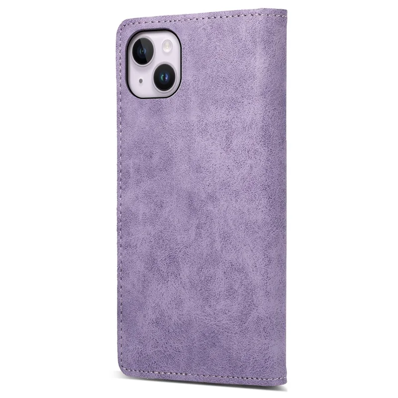 DF-05 For iPhone 15 PU Leather Smartphone Case RFID Blocking Phone Stand Cover Wallet - Purple