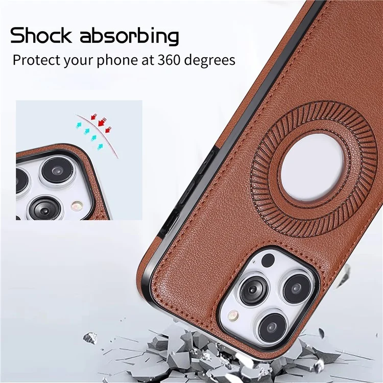 Für iPhone 15 Pro Max Logo View Magnetic Case Litchi Textur stoßfestes PU-Leder beschichtetes TPU-Handyhülle - Braun