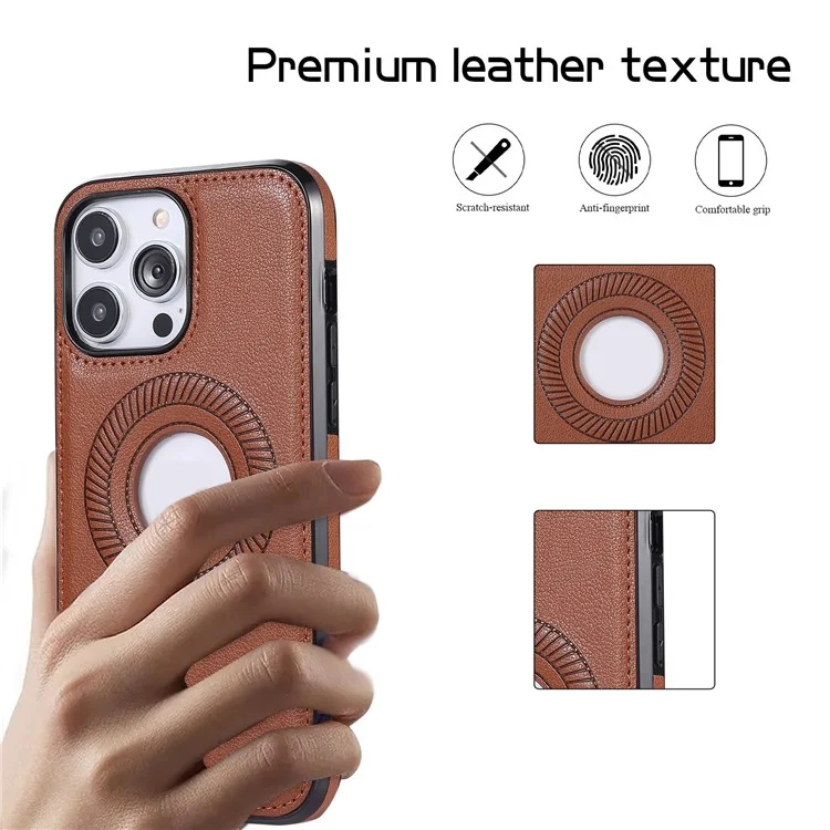 Für iPhone 15 Pro Max Logo View Magnetic Case Litchi Textur stoßfestes PU-Leder beschichtetes TPU-Handyhülle - Braun