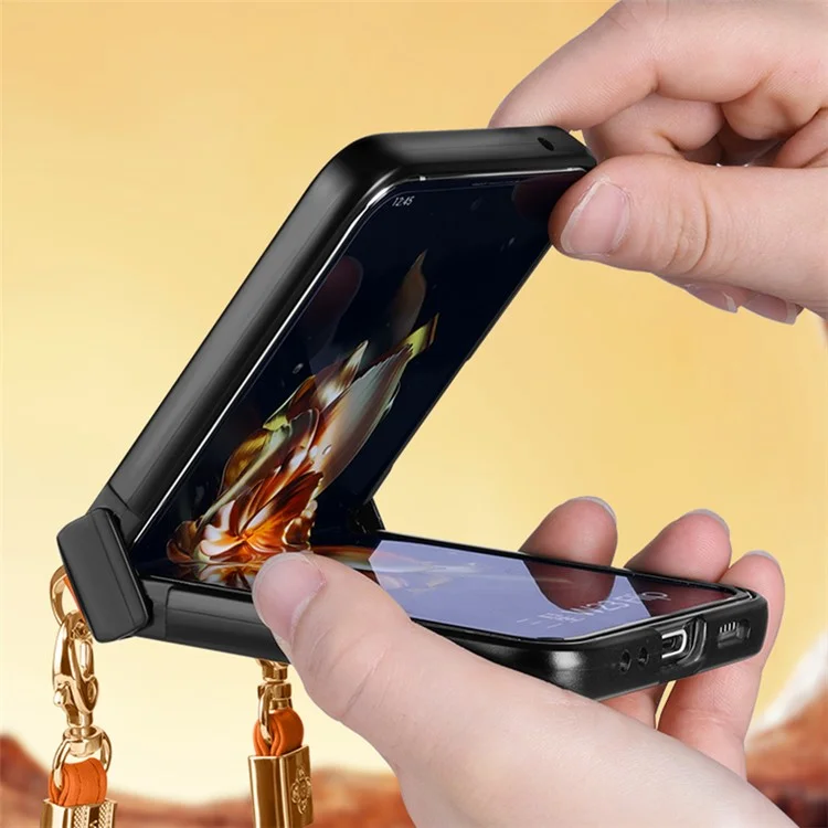 SULADA For Oppo Find N2 Flip 5G Folding Phone Case Imprinted Leather Coated PC Cover with Shoulder Strap - Black