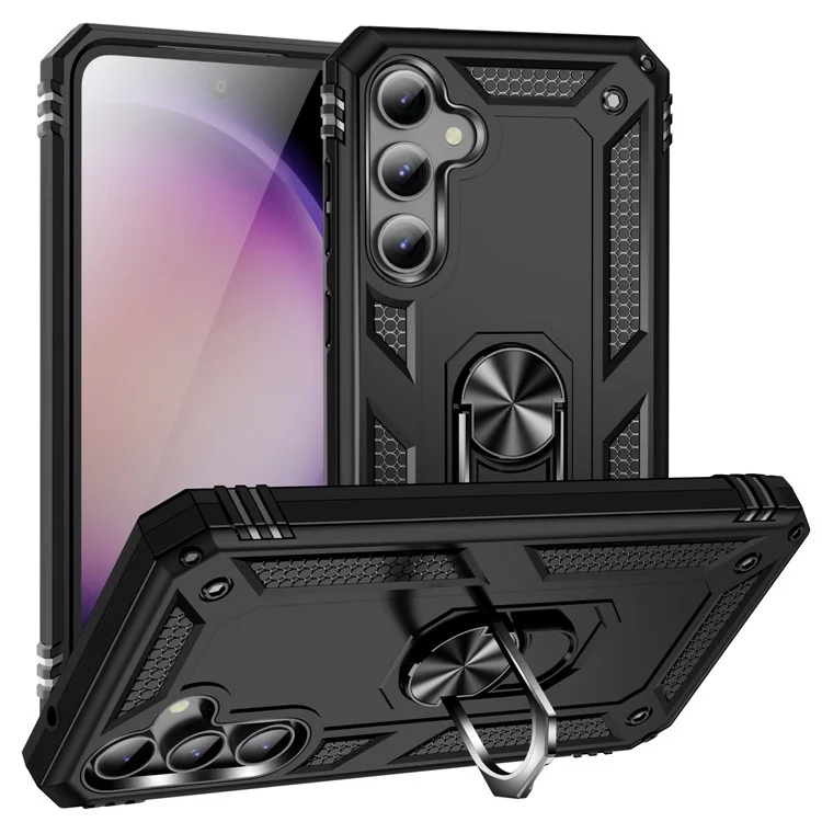 Phone Case for Samsung Galaxy S23 FE Ring Kickstand Anti-fall TPU+PC Cover with Car Mount Metal Sheet - Black