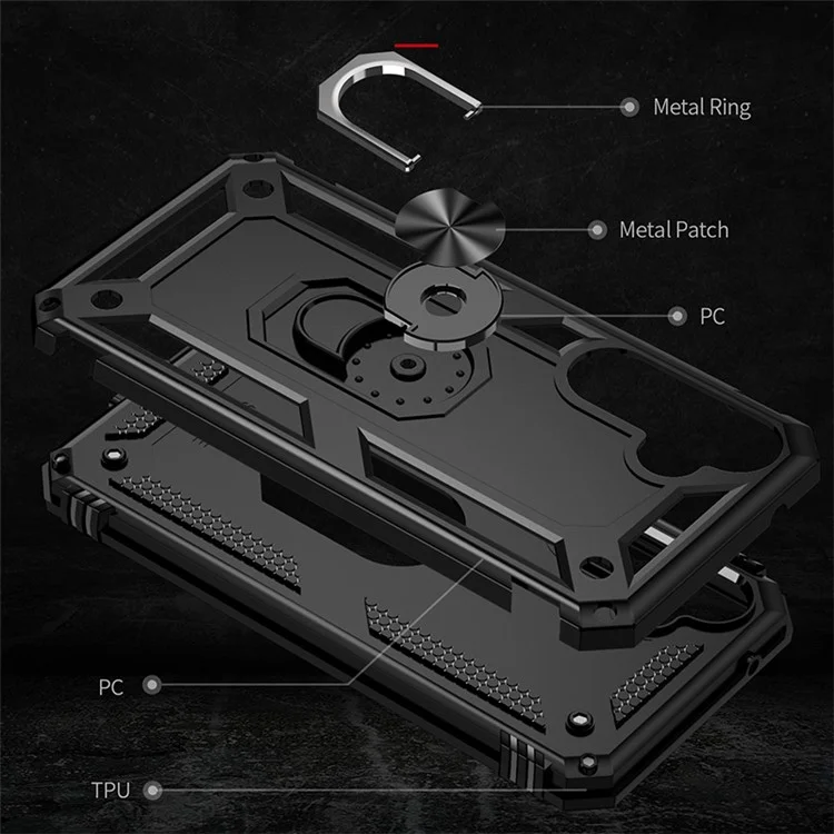 Phone Case for Samsung Galaxy S23 FE Ring Kickstand Anti-fall TPU+PC Cover with Car Mount Metal Sheet - Black