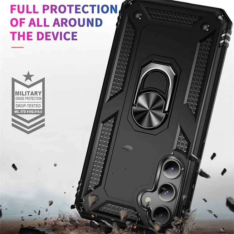 Phone Case for Samsung Galaxy S23 FE Ring Kickstand Anti-fall TPU+PC Cover with Car Mount Metal Sheet - Black
