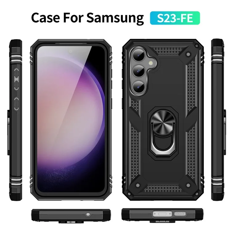 Phone Case for Samsung Galaxy S23 FE Ring Kickstand Anti-fall TPU+PC Cover with Car Mount Metal Sheet - Black