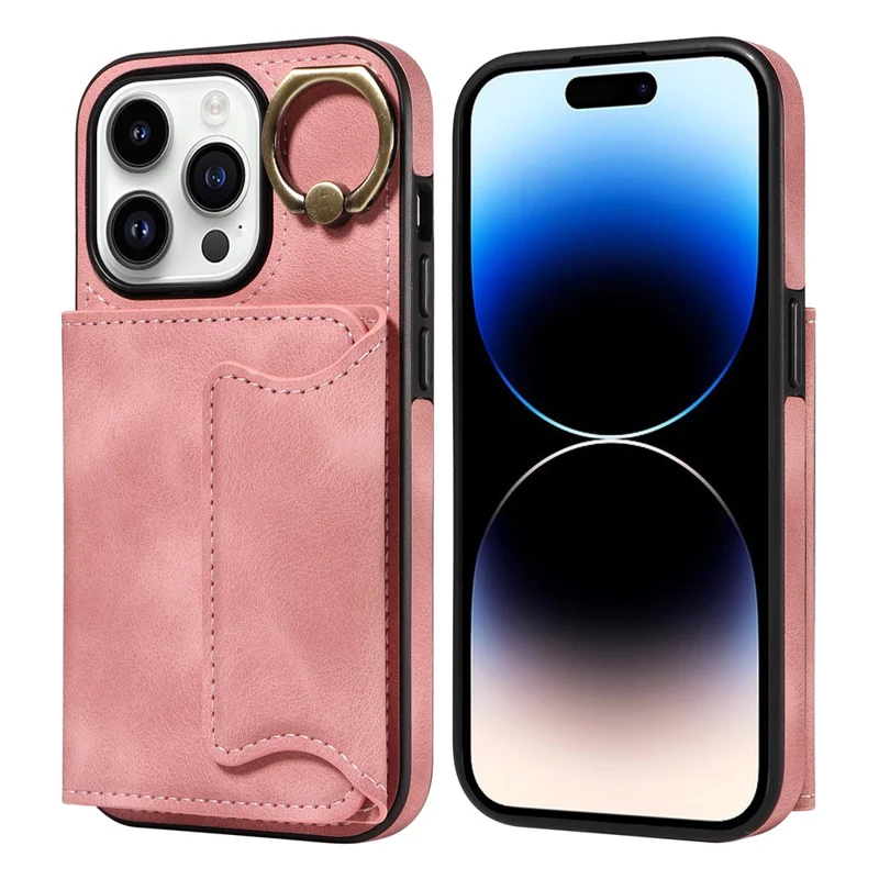 For iPhone 15 Phone Case Card Holder Kickstand Phone Shell Skin-touch PU Leather+TPU Cover - Pink