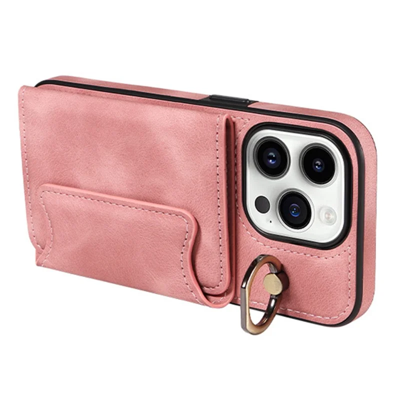 For iPhone 15 Phone Case Card Holder Kickstand Phone Shell Skin-touch PU Leather+TPU Cover - Pink