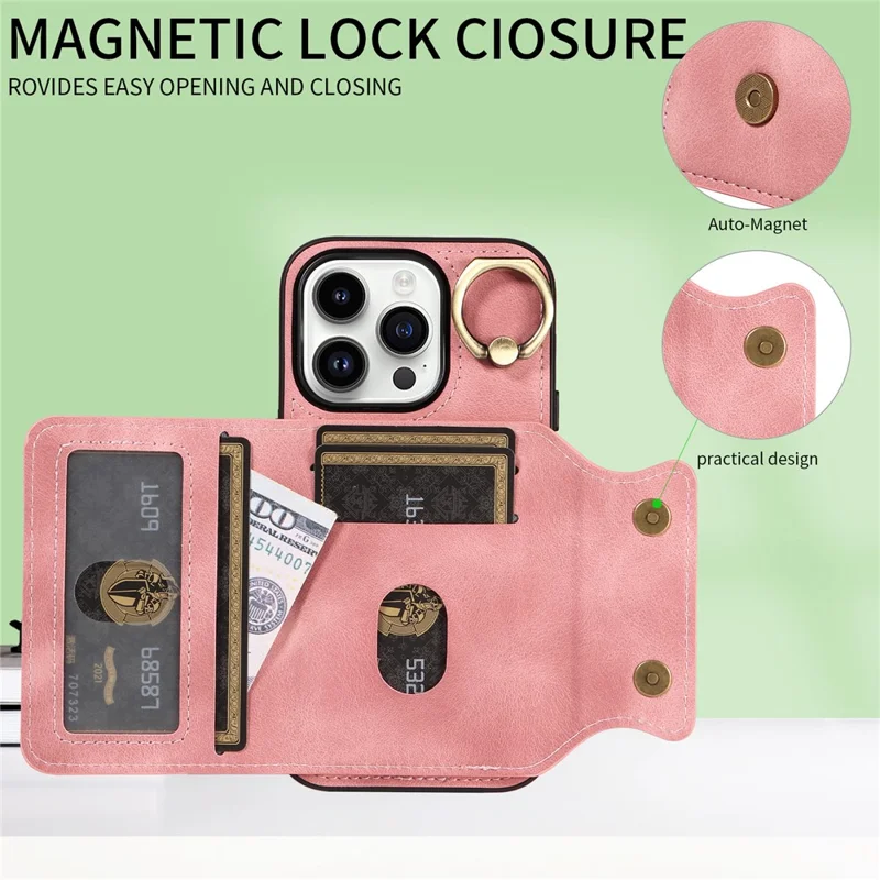 For iPhone 15 Phone Case Card Holder Kickstand Phone Shell Skin-touch PU Leather+TPU Cover - Pink