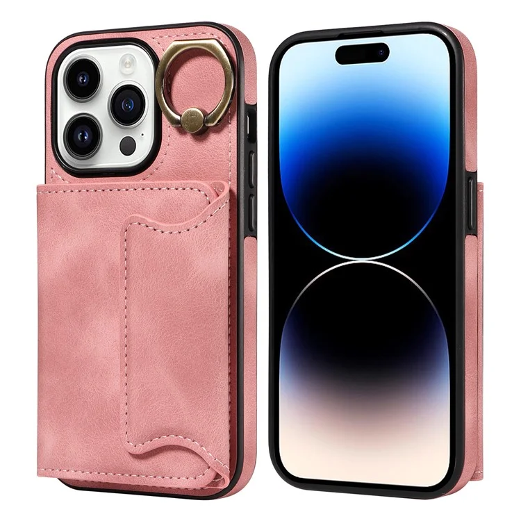 For iPhone 15 Plus PU Leather+TPU Cover Skin-touch Feeling Phone Case Card Holder Kickstand Phone Shell - Pink