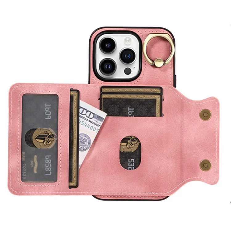 For iPhone 15 Plus PU Leather+TPU Cover Skin-touch Feeling Phone Case Card Holder Kickstand Phone Shell - Pink
