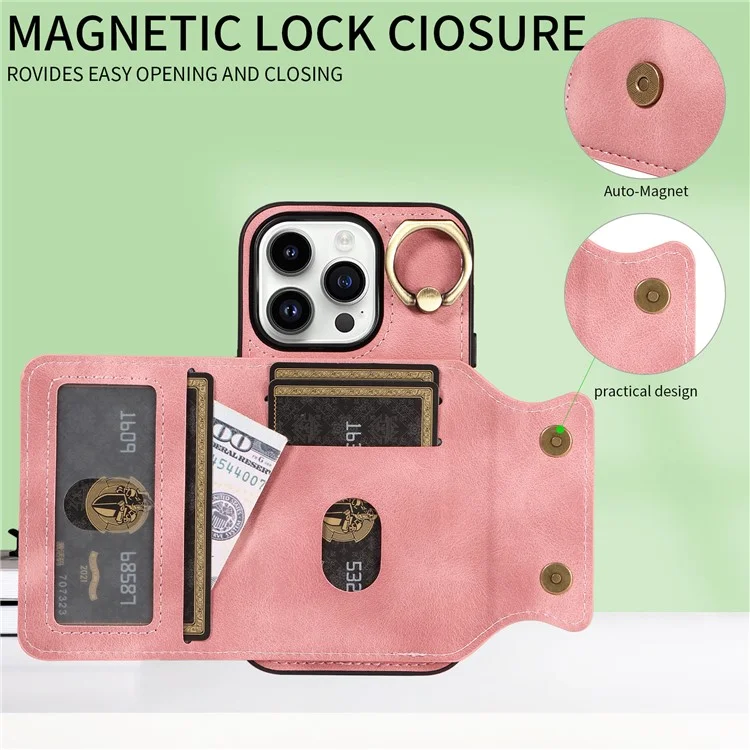 For iPhone 15 Plus PU Leather+TPU Cover Skin-touch Feeling Phone Case Card Holder Kickstand Phone Shell - Pink