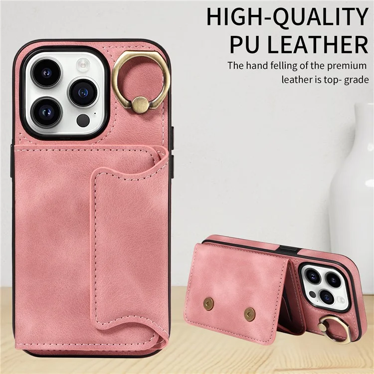For iPhone 15 Plus PU Leather+TPU Cover Skin-touch Feeling Phone Case Card Holder Kickstand Phone Shell - Pink