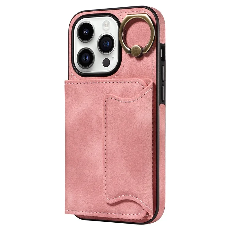 For iPhone 15 Plus PU Leather+TPU Cover Skin-touch Feeling Phone Case Card Holder Kickstand Phone Shell - Pink