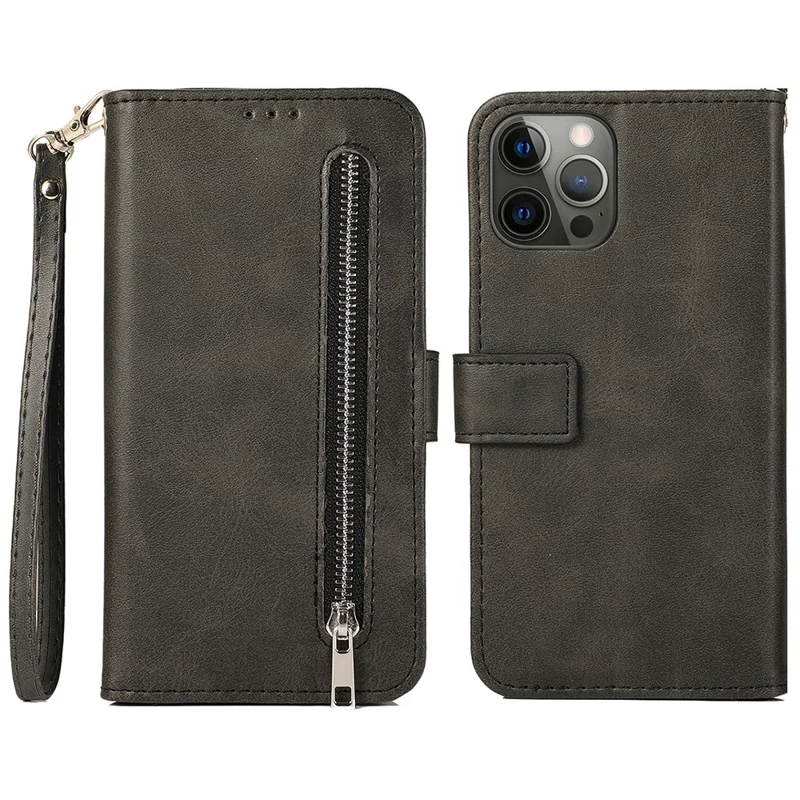 Para iPhone 15 Pro Zipper Pocket Phone Case 5 Card Slots Calf Texture PU Leather Stand Cover - Preto