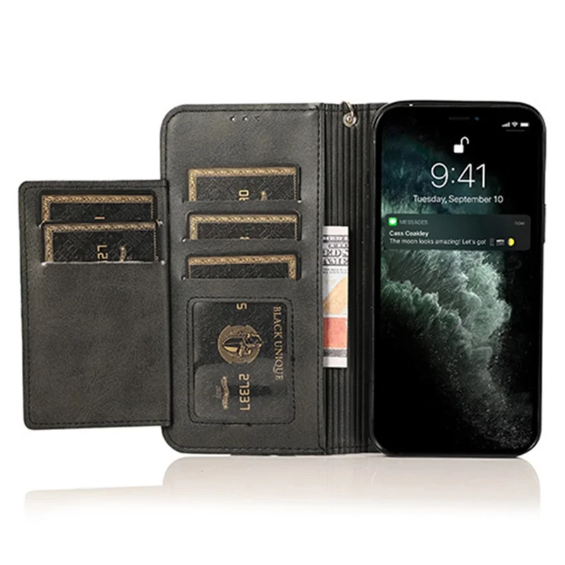 Para iPhone 15 Pro Zipper Pocket Phone Case 5 Card Slots Calf Texture PU Leather Stand Cover - Preto