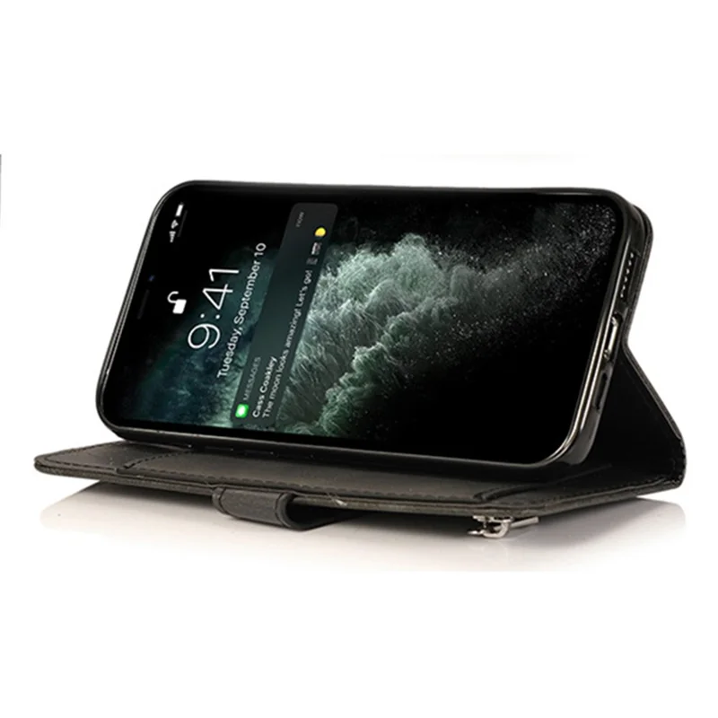 Para iPhone 15 Pro Zipper Pocket Phone Case 5 Card Slots Calf Texture PU Leather Stand Cover - Preto
