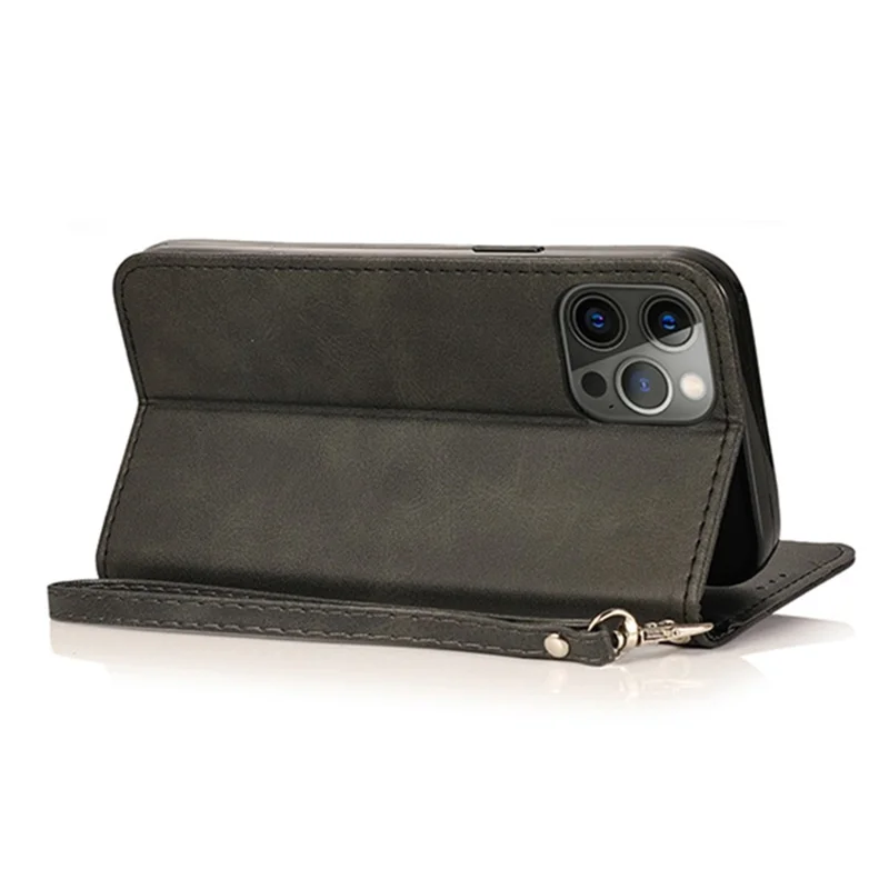 Para iPhone 15 Pro Zipper Pocket Phone Case 5 Card Slots Calf Texture PU Leather Stand Cover - Preto