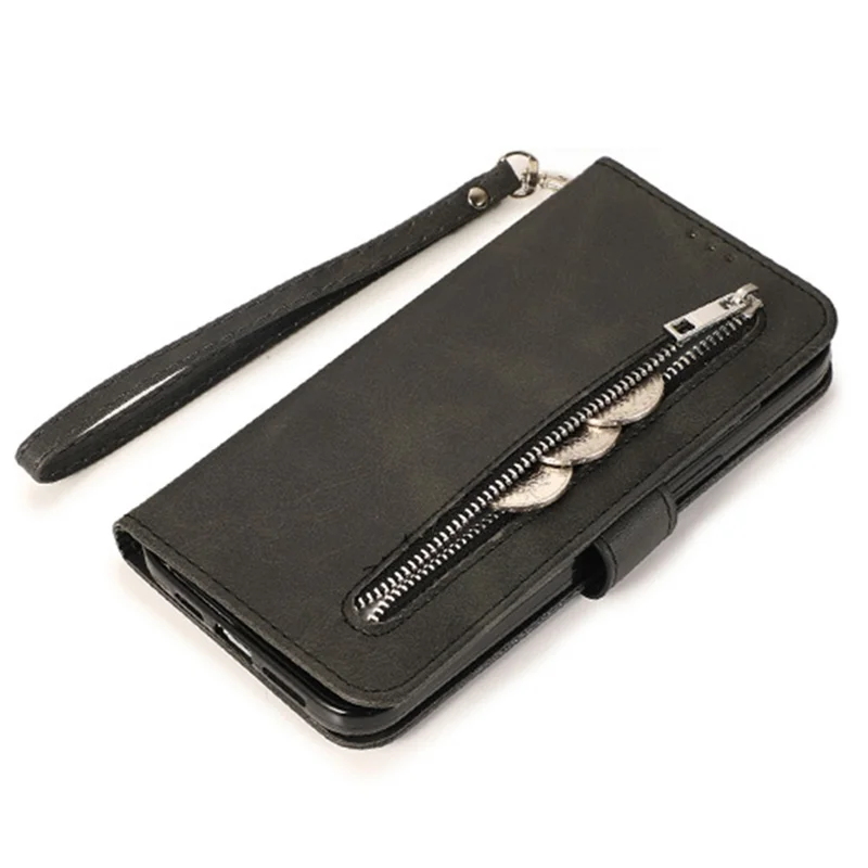 Para iPhone 15 Pro Zipper Pocket Phone Case 5 Card Slots Calf Texture PU Leather Stand Cover - Preto