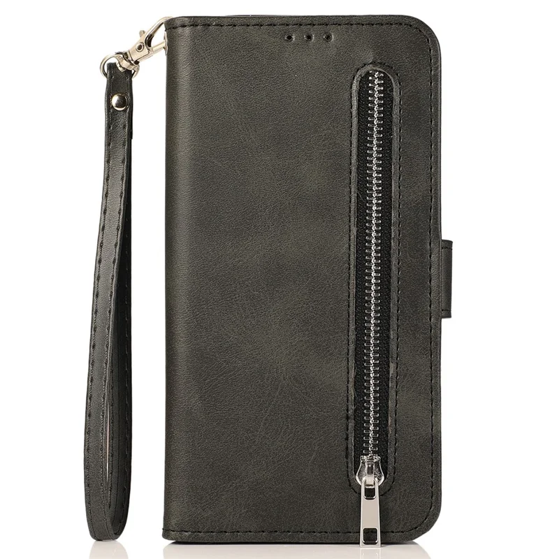 Para iPhone 15 Pro Zipper Pocket Phone Case 5 Card Slots Calf Texture PU Leather Stand Cover - Preto