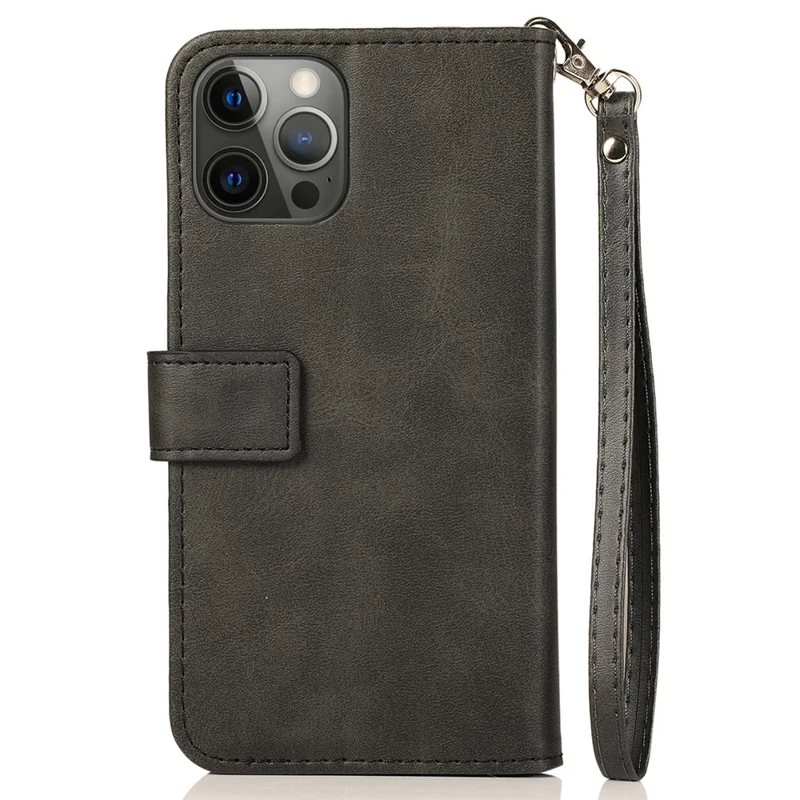 Para iPhone 15 Pro Zipper Pocket Phone Case 5 Card Slots Calf Texture PU Leather Stand Cover - Preto