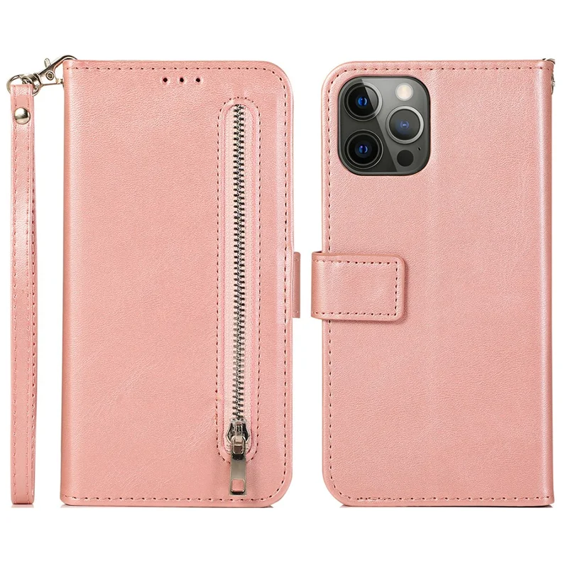 For iPhone 15 Pro Zipper Pocket Phone Case 5 Card Slots Calf Texture PU Leather Stand Cover - Pink