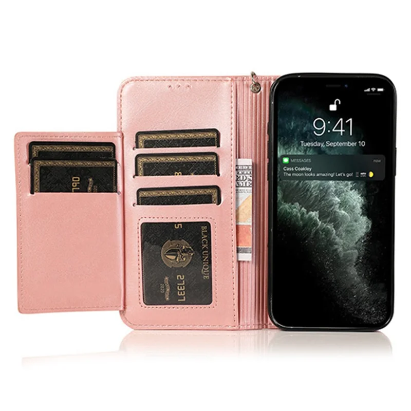 For iPhone 15 Pro Zipper Pocket Phone Case 5 Card Slots Calf Texture PU Leather Stand Cover - Pink